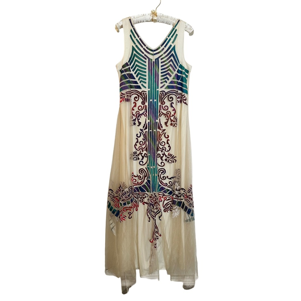 Geisha Designs Anthropologie Maxi Dress 6 Cream Tulle Applique Art Deco Boho